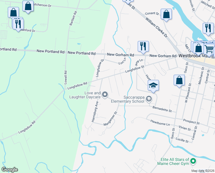 map of restaurants, bars, coffee shops, grocery stores, and more near 14 Jefferson Street in Westbrook