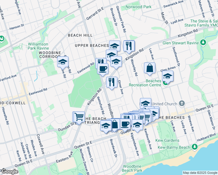map of restaurants, bars, coffee shops, grocery stores, and more near in Toronto