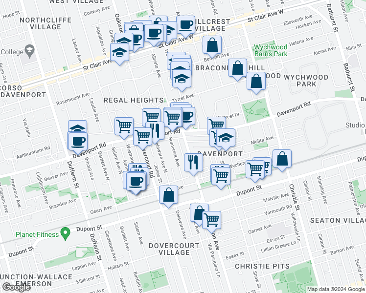 map of restaurants, bars, coffee shops, grocery stores, and more near in Toronto