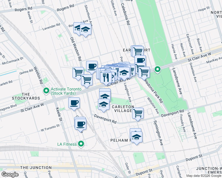 map of restaurants, bars, coffee shops, grocery stores, and more near 1709 Saint Clair Avenue West in Toronto