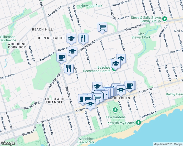 map of restaurants, bars, coffee shops, grocery stores, and more near 228 Waverley Road in Toronto