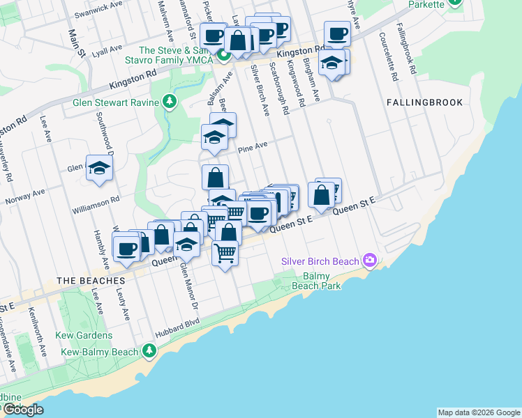 map of restaurants, bars, coffee shops, grocery stores, and more near 109 Beech Avenue in Toronto
