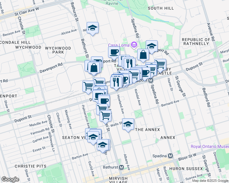 map of restaurants, bars, coffee shops, grocery stores, and more near 280 Howland Avenue in Toronto