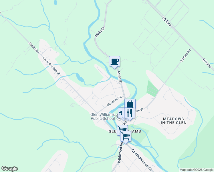 map of restaurants, bars, coffee shops, grocery stores, and more near 2 Bennett Place in Halton Hills
