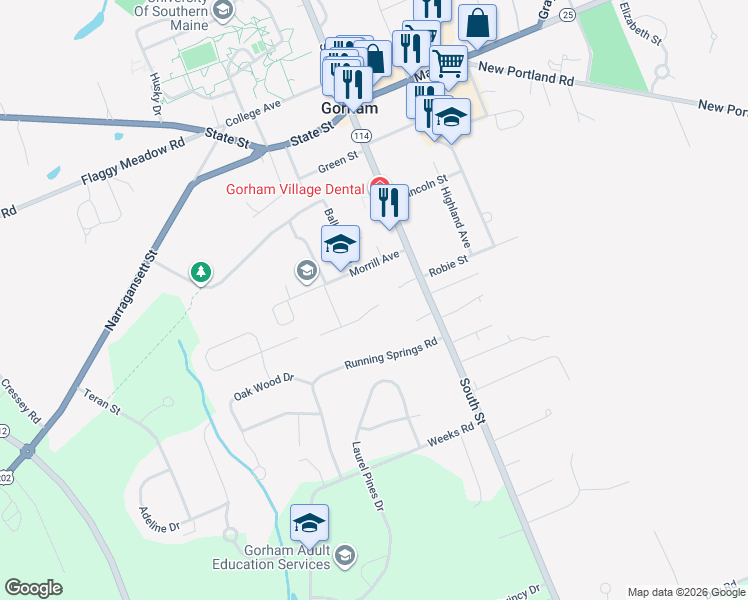 map of restaurants, bars, coffee shops, grocery stores, and more near 20 Belmont Terrace in Gorham