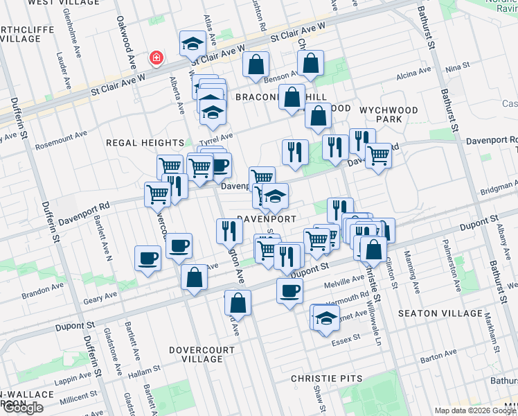 map of restaurants, bars, coffee shops, grocery stores, and more near 1222 Shaw Street in Toronto
