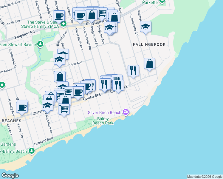 map of restaurants, bars, coffee shops, grocery stores, and more near 1 Kingswood Road in Toronto