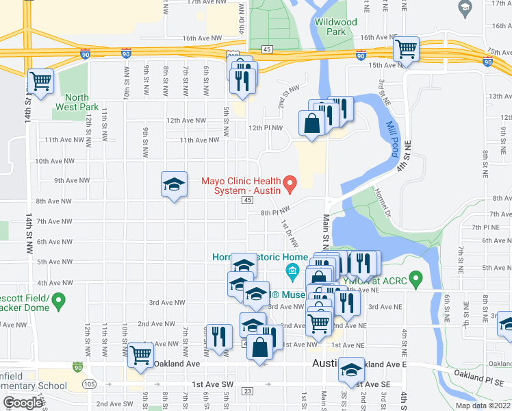 map of restaurants, bars, coffee shops, grocery stores, and more near 406 8th Place Northwest in Austin