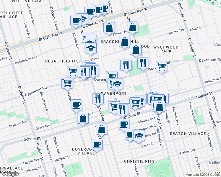 map of restaurants, bars, coffee shops, grocery stores, and more near 1222 Shaw Street in Toronto