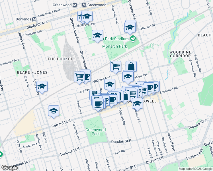 map of restaurants, bars, coffee shops, grocery stores, and more near Glenside Avenue in Toronto