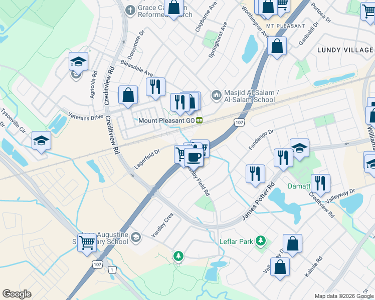 map of restaurants, bars, coffee shops, grocery stores, and more near 10 Lagerfeld Drive in Brampton