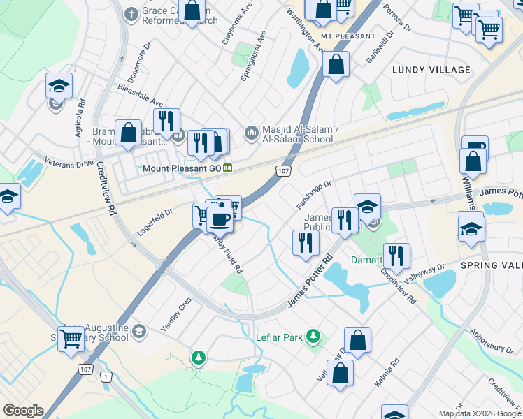 map of restaurants, bars, coffee shops, grocery stores, and more near 38 Kilrea Way in Brampton