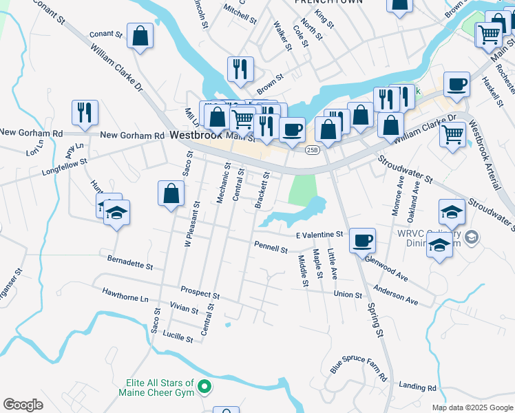 map of restaurants, bars, coffee shops, grocery stores, and more near 12 Butler Court in Westbrook