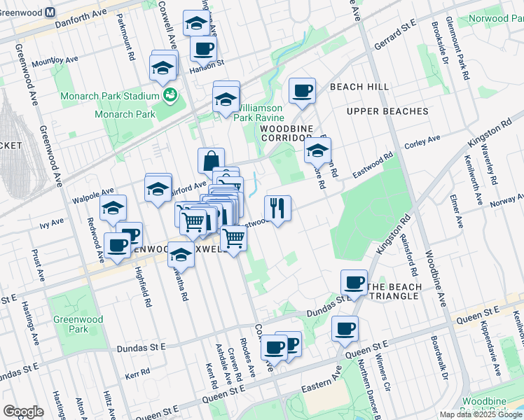 map of restaurants, bars, coffee shops, grocery stores, and more near in Toronto