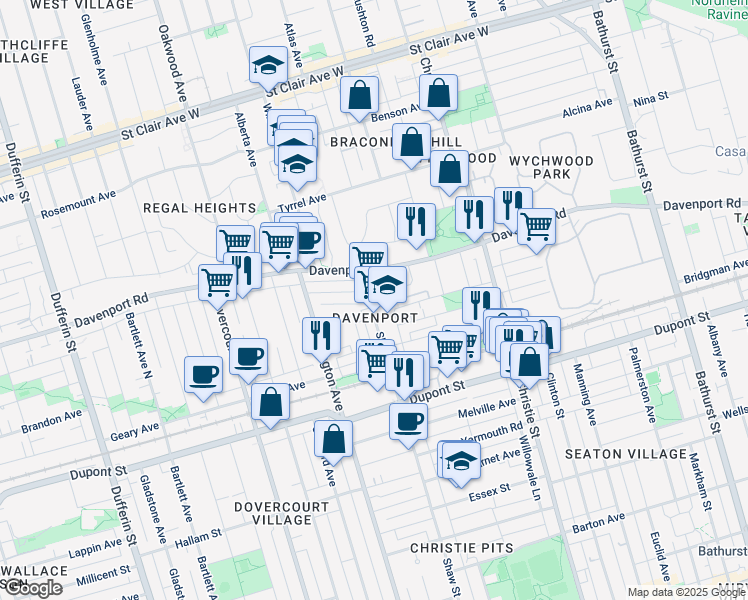 map of restaurants, bars, coffee shops, grocery stores, and more near in Toronto