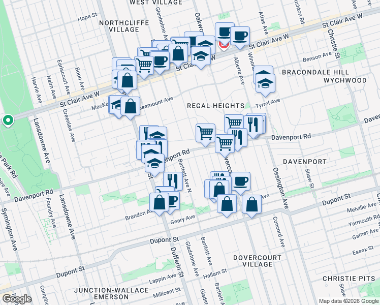map of restaurants, bars, coffee shops, grocery stores, and more near in Toronto