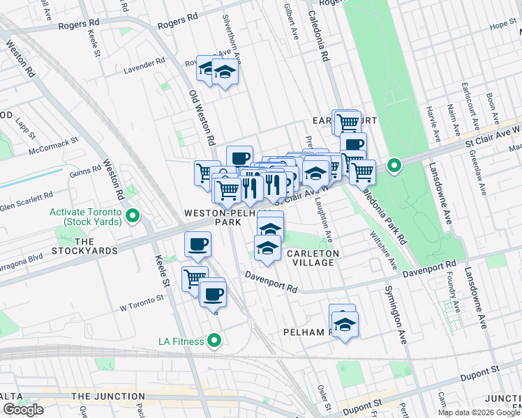 map of restaurants, bars, coffee shops, grocery stores, and more near 385 Osler Street in Toronto