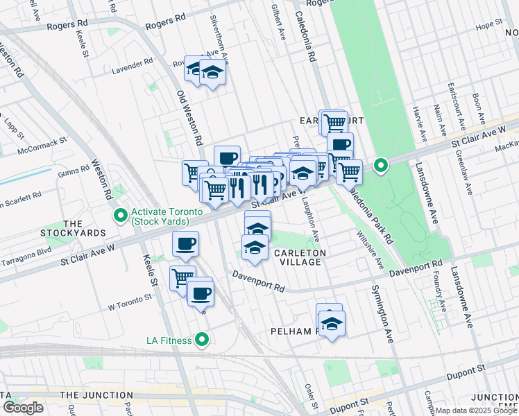 map of restaurants, bars, coffee shops, grocery stores, and more near 1772 Saint Clair Avenue West in Toronto