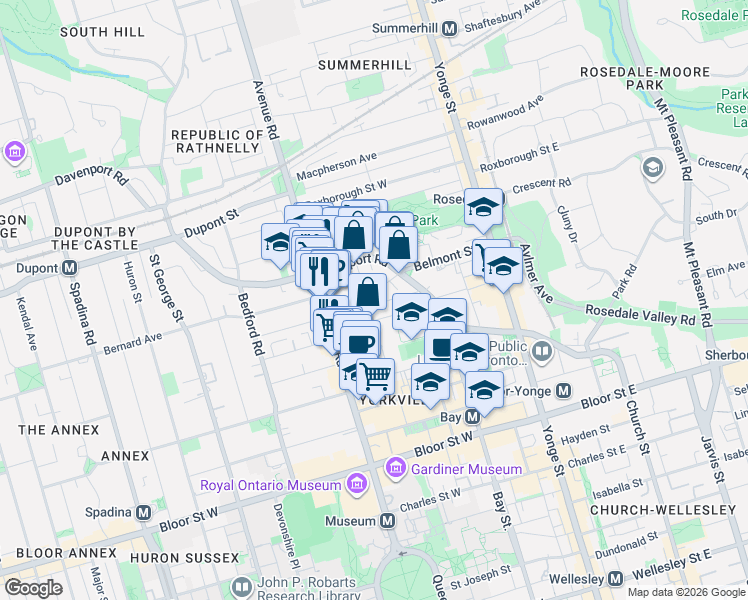 map of restaurants, bars, coffee shops, grocery stores, and more near 99 Hazelton Avenue in Toronto