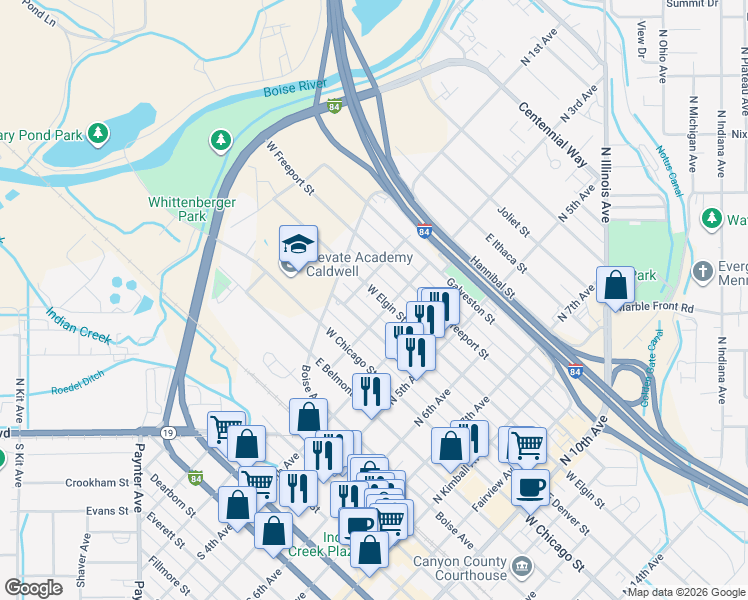 map of restaurants, bars, coffee shops, grocery stores, and more near 216 East Elgin Street in Caldwell
