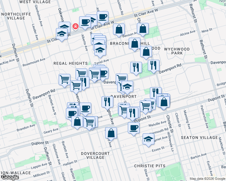 map of restaurants, bars, coffee shops, grocery stores, and more near in Toronto