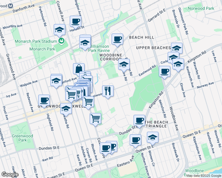 map of restaurants, bars, coffee shops, grocery stores, and more near 90 Eastwood Road in Toronto