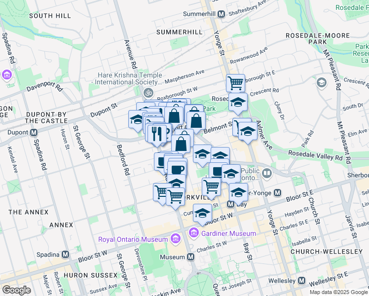 map of restaurants, bars, coffee shops, grocery stores, and more near 99 Hazelton Avenue in Toronto