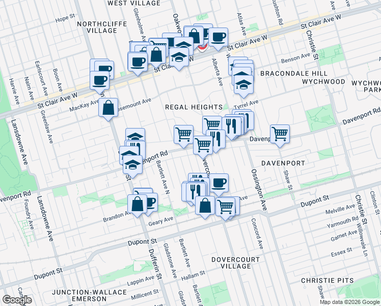 map of restaurants, bars, coffee shops, grocery stores, and more near 451 Westmoreland Avenue North in Toronto
