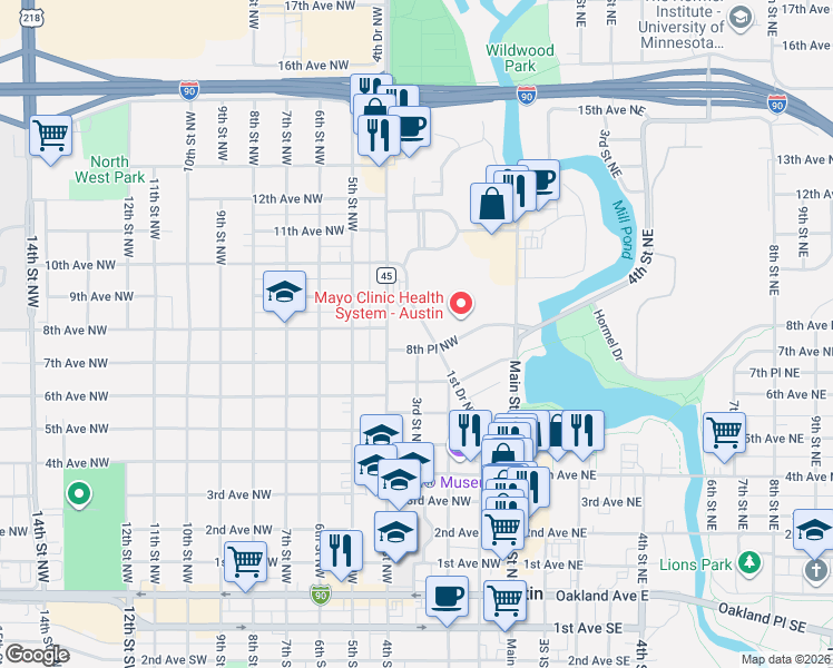 map of restaurants, bars, coffee shops, grocery stores, and more near 406 8th Place Northwest in Austin