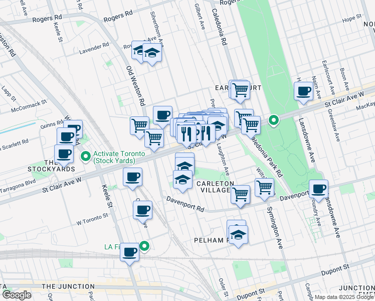 map of restaurants, bars, coffee shops, grocery stores, and more near in Toronto