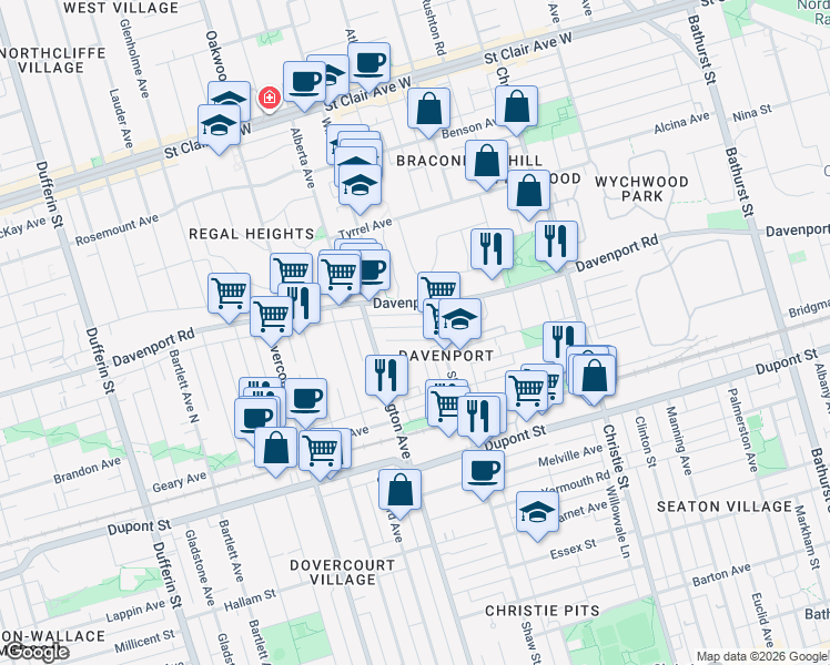 map of restaurants, bars, coffee shops, grocery stores, and more near in Toronto