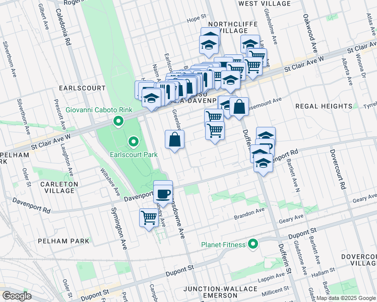 map of restaurants, bars, coffee shops, grocery stores, and more near 45 Greenlaw Avenue in Toronto