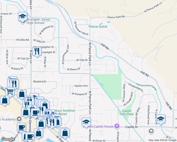map of restaurants, bars, coffee shops, grocery stores, and more near 59015923 North Pierce Park Lane in Boise