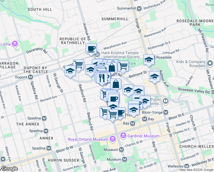 map of restaurants, bars, coffee shops, grocery stores, and more near in Toronto