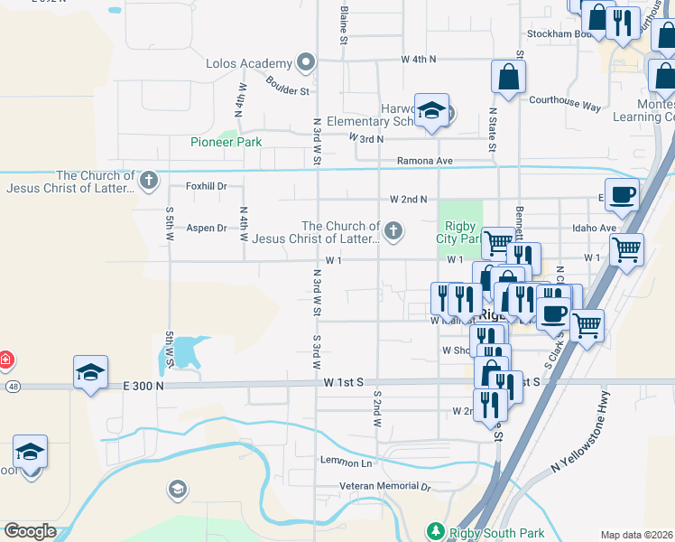 map of restaurants, bars, coffee shops, grocery stores, and more near 375 West 1st North in Rigby