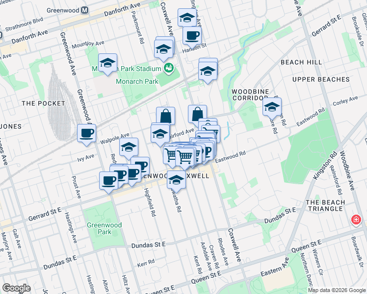 map of restaurants, bars, coffee shops, grocery stores, and more near 579 Craven Road in Toronto