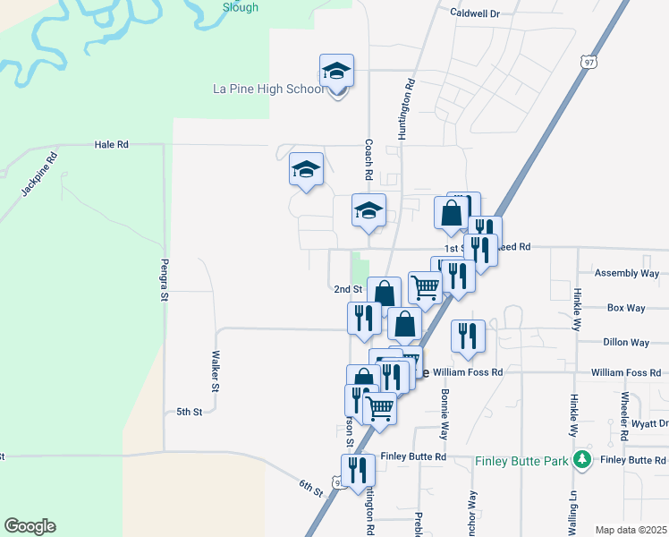 map of restaurants, bars, coffee shops, grocery stores, and more near 51587 Stillwell in La Pine