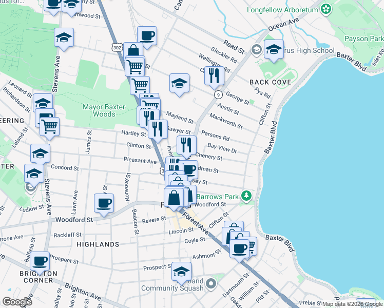 map of restaurants, bars, coffee shops, grocery stores, and more near 14 Chenery Street in Portland