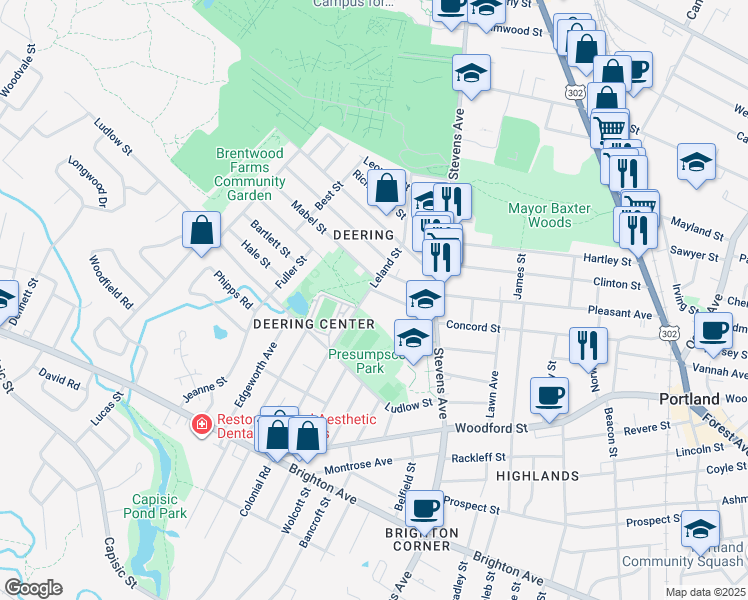 map of restaurants, bars, coffee shops, grocery stores, and more near 268 Concord Street West in Portland