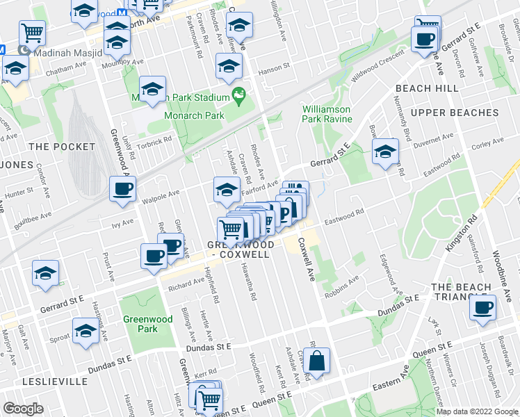 map of restaurants, bars, coffee shops, grocery stores, and more near 579 Craven Road in Toronto