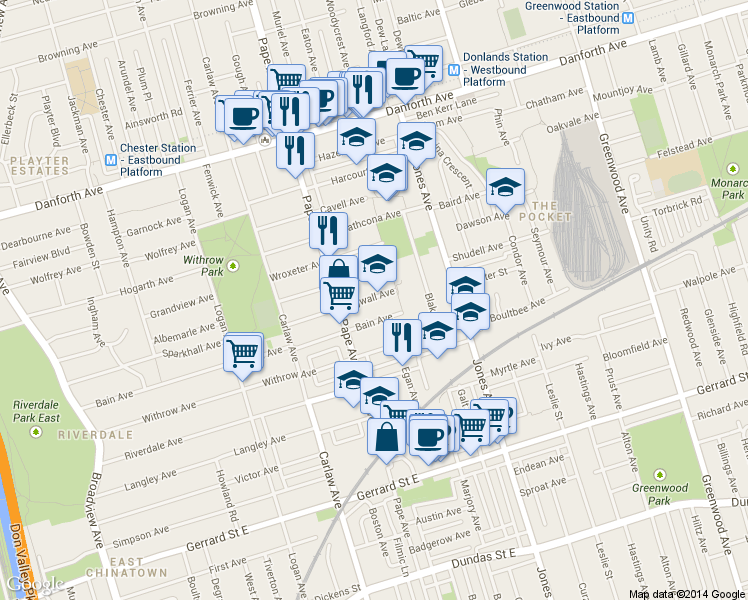 map of restaurants, bars, coffee shops, grocery stores, and more near in Toronto