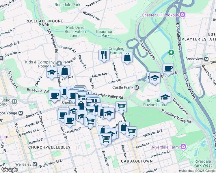 map of restaurants, bars, coffee shops, grocery stores, and more near in Toronto