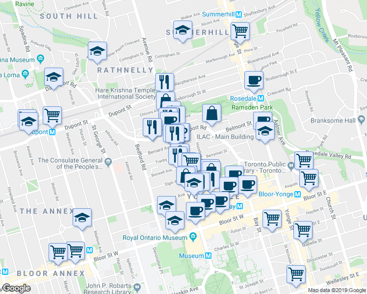 map of restaurants, bars, coffee shops, grocery stores, and more near in Toronto
