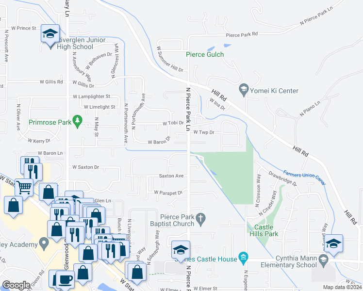 map of restaurants, bars, coffee shops, grocery stores, and more near 5911 North Pierce Park Lane in Boise