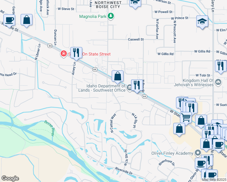 map of restaurants, bars, coffee shops, grocery stores, and more near 6064 North Lakeshore Way in Garden City