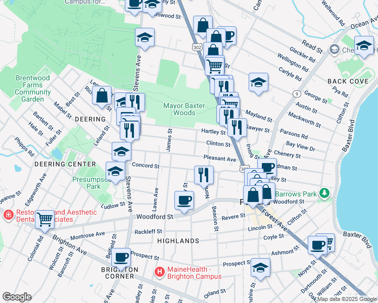 map of restaurants, bars, coffee shops, grocery stores, and more near 93 Pleasant Avenue in Portland