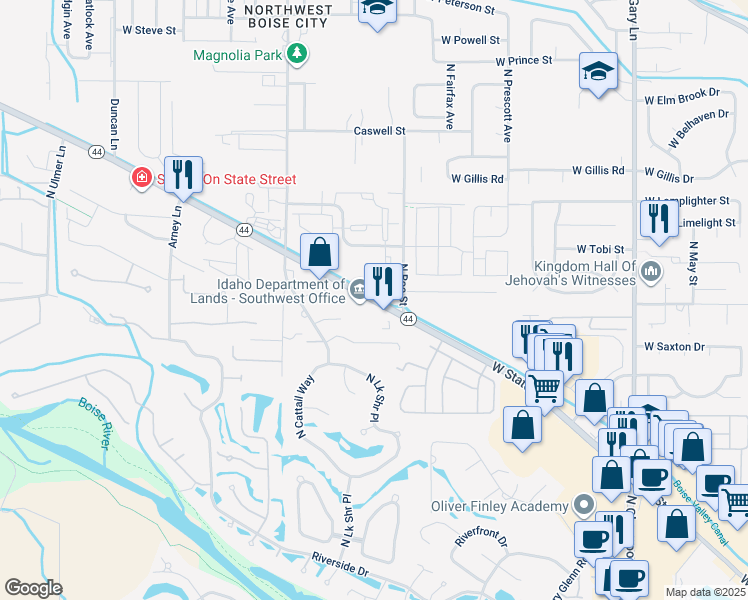 map of restaurants, bars, coffee shops, grocery stores, and more near 8352 West State Street in Garden City