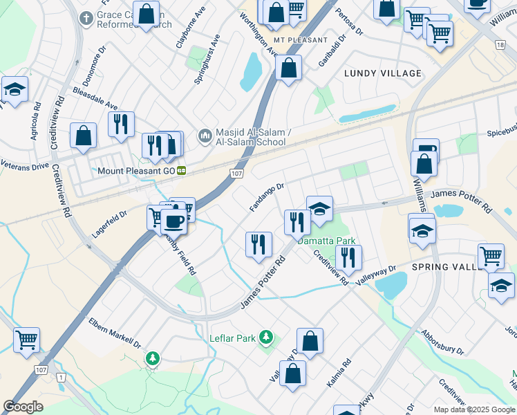 map of restaurants, bars, coffee shops, grocery stores, and more near 121 Fandango Drive in Brampton