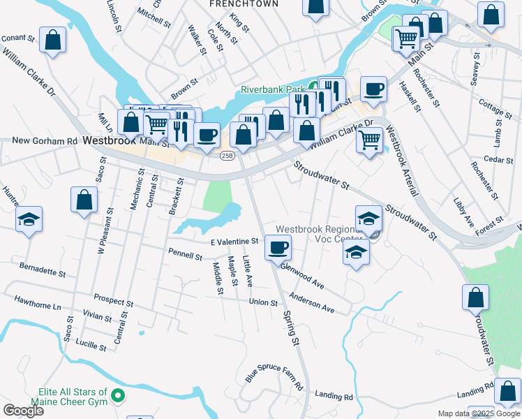 map of restaurants, bars, coffee shops, grocery stores, and more near 76 Spring Street in Westbrook