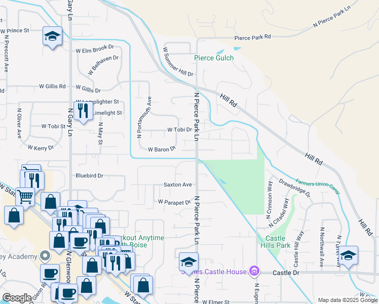 map of restaurants, bars, coffee shops, grocery stores, and more near 59015923 North Pierce Park Lane in Boise